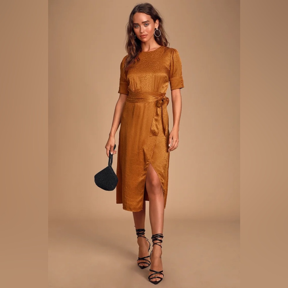 Lulu’s Edison Nights Orange Jacquard Leopard Print Satin Midi Dress